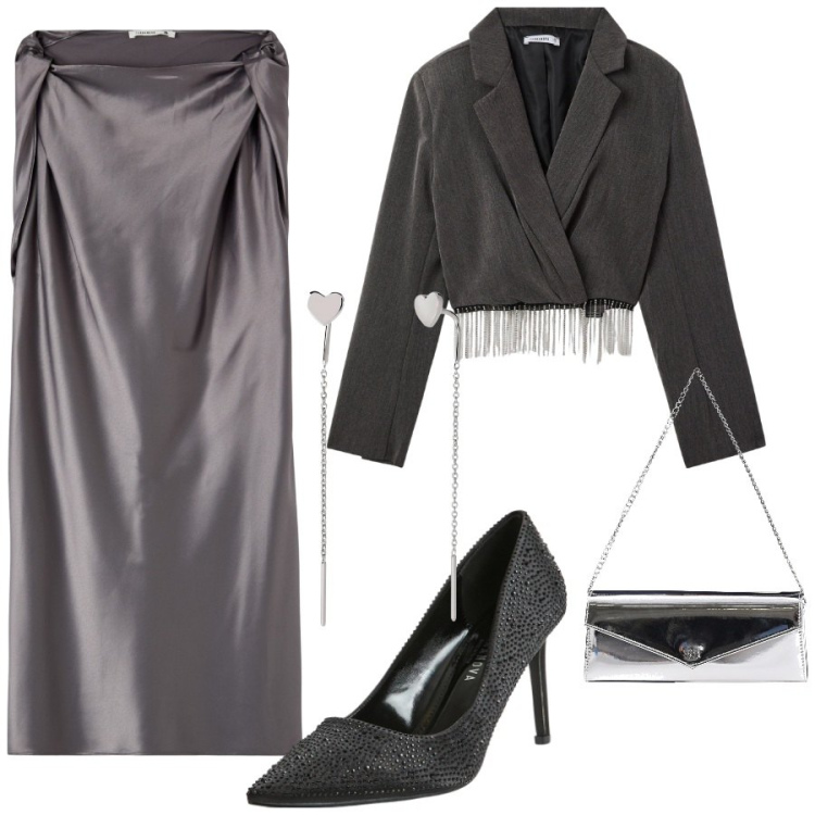Outfit donna - Happy holiday. Stile Glamour per Serata fuori. Abbinamento con vestiti corti, décolleté, blazer, orecchini, pochette.