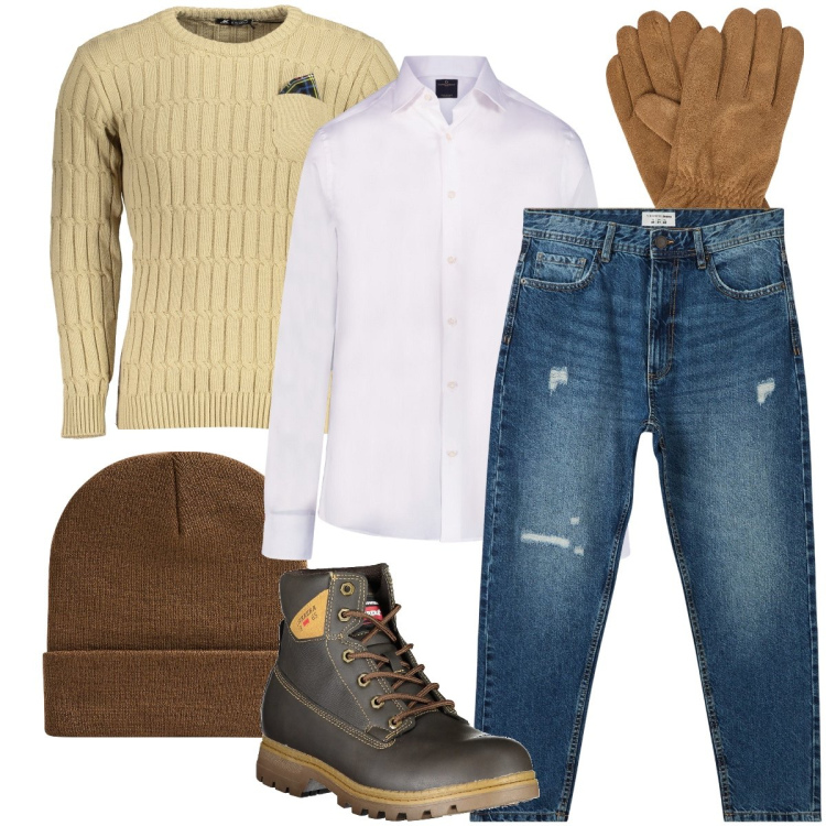 Outfit uomo - La maglia a trecce. Stile Casual per Ufficio. Abbinamento con jeans strappati, berretti, camicie, maglieria, stivali, guanti.