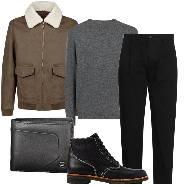Outfit uomo - Il colletto impellicciato. Stile Business/Elegante per Ufficio. Abbinamento con pantaloni, stivali, maglieria, giacche, portafogli.
