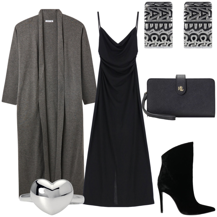 Outfit donna - Il cardigan scalda look. Stile Bon Ton per Serata fuori. Abbinamento con stivaletti, cardigans, vestiti midi/longuette, anelli, pochette, orecchini.