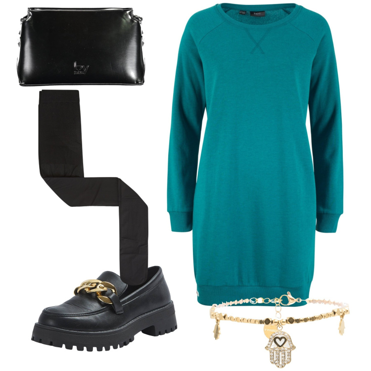 Outfit donna - Abito caldo in maglia. Stile Urban per Ufficio. Abbinamento con vestiti, mocassini, collant, braccialetti, borse a tracolla.