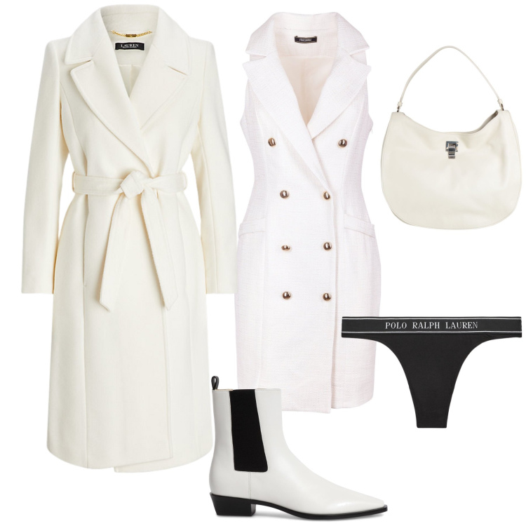 Outfit donna - Il cappotto e l abito bianchi. Stile Bon Ton per Ufficio. Abbinamento con borse a mano, vestiti senza maniche, cappotti, perizomi, stivaletti chelsea.