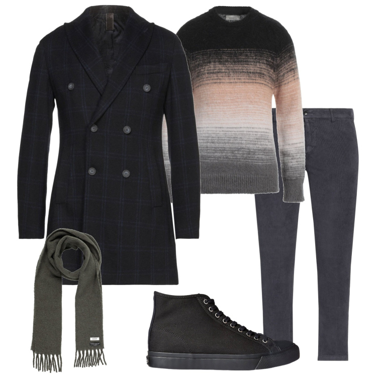Outfit uomo - Serata speciale. Stile Trendy per Serata speciale. Abbinamento con cappotti, pantaloni, pullovers, sciarpe, sneakers.