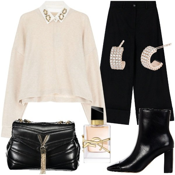 Outfit donna - Total look #2023692. Stile Casual chic per Serata fuori. Abbinamento con profumi, pullovers, pantaloni, orecchini, stivaletti, borse a tracolla.