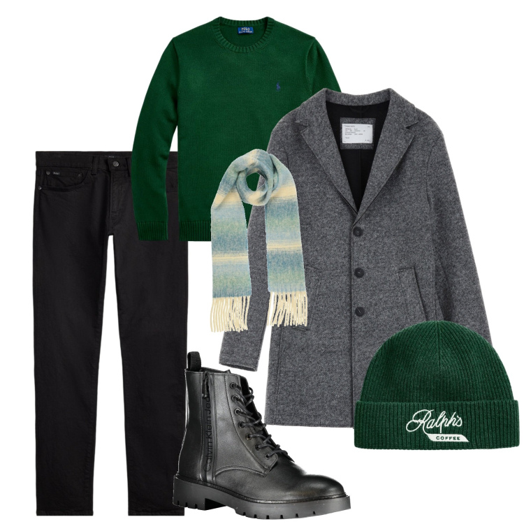 Outfit uomo - Tocchi di verde. Stile Casual per Tutti i giorni. Abbinamento con sciarpe, cappotti, jeans, maglieria, berretti, stivali.