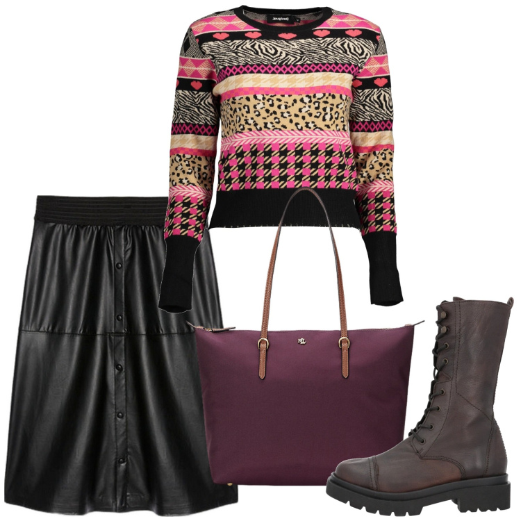 Outfit donna - Cena multicolor. Stile Bon Ton per Serata fuori. Abbinamento con stivali, borse tote, maglieria, gonne lunghe.