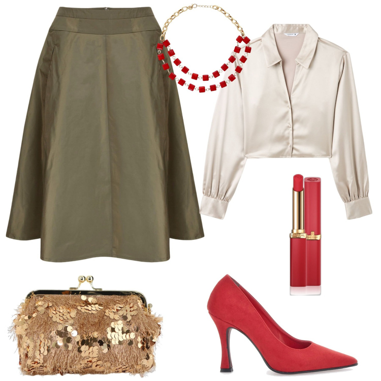 Outfit donna - Dettagli luminosi. Stile Chic per Serata fuori. Abbinamento con rossetti, camicie, borse a spalla, collane, gonne, décolleté.