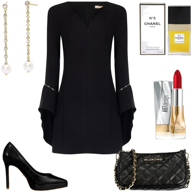 Outfit donna - Classica forever. Stile Glamour per Serata fuori. Abbinamento con profumi, rossetti, orecchini, vestiti midi/longuette, décolleté, borse a spalla.