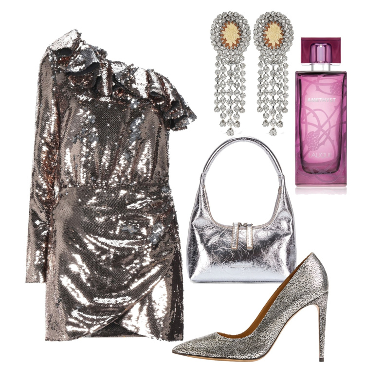 Outfit donna - Favolosa in monospalla. Stile Glamour per Serata fuori. Abbinamento con vestiti corti, profumi, décolleté, borse a mano, orecchini.