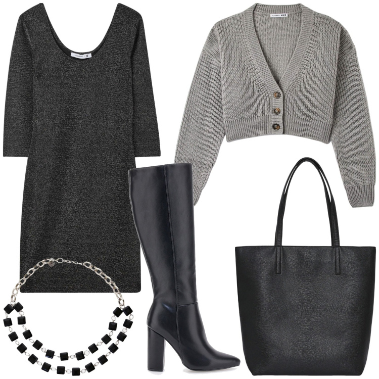 Outfit donna - Total look #2023777. Stile Casual chic per Tutti i giorni. Abbinamento con vestiti lunghi, borse tote, cardigans, collane, stivali sopra il ginocchio.