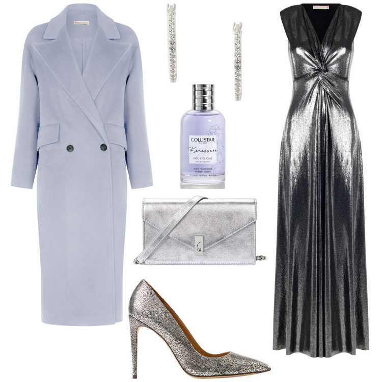 Outfit donna - Dettagli luminosi. Stile Glamour per Serata fuori. Abbinamento con profumi, cappotti, vestiti lunghi, clutch, décolleté, orecchini.
