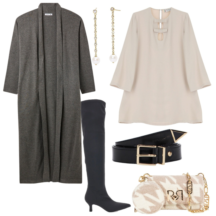 Outfit donna - Layering sofisticato. Stile Chic per Serata fuori. Abbinamento con cardigans, orecchini, borse a tracolla, vestiti corti, cinture, stivali.
