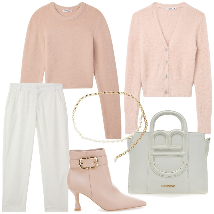 Outfit donna - Total look #2023792. Stile Romantica per Tutti i giorni. Abbinamento con cardigans, maglieria, pantaloni chino, collane, stivaletti, borse a tracolla.