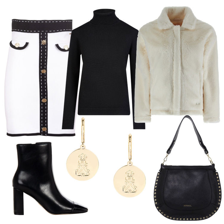 Outfit donna - Gonna. Stile Casual chic per Serata fuori. Abbinamento con borse a spalla, stivaletti, gonne, cappotti, orecchini, maglieria.