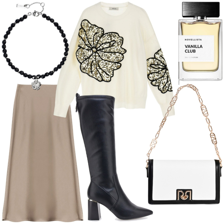 Outfit donna - Total look #2023808. Stile Chic per Serata fuori. Abbinamento con profumi, braccialetti, borse a tracolla, gonne longuette, maglieria, stivali.