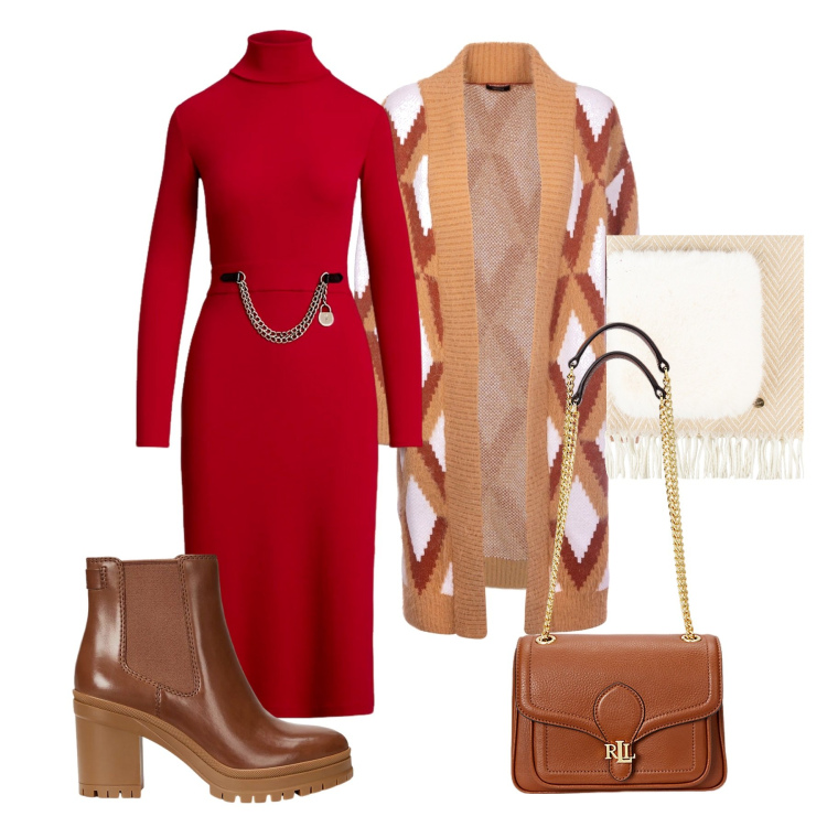 Outfit donna - Chic in rosso. Stile Trendy per Tutti i giorni. Abbinamento con sciarpe, cardigans, borse a spalla, stivaletti chelsea, vestiti.