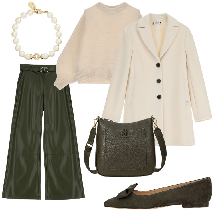 Outfit donna - Cena aziendale. Stile Chic per Serata fuori. Abbinamento con cappotti, pullovers, pantaloni, borse a tracolla, ballerine, braccialetti.