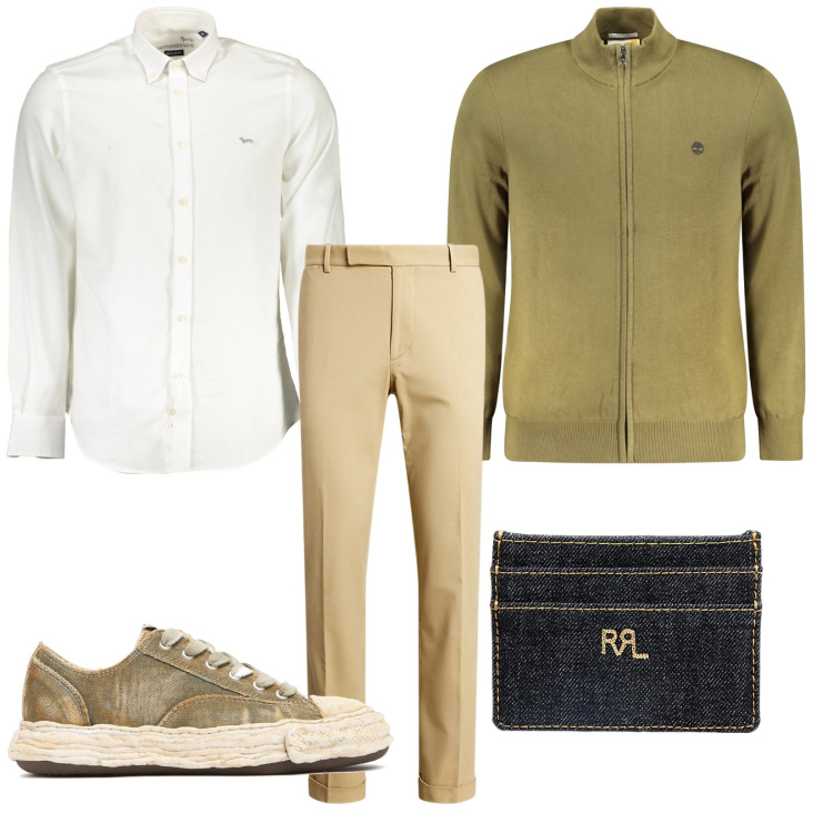 Outfit uomo - Total look #2023822. Stile Casual per Tutti i giorni. Abbinamento con pantaloni chino, portafogli, camicie, cardigans, sneakers.