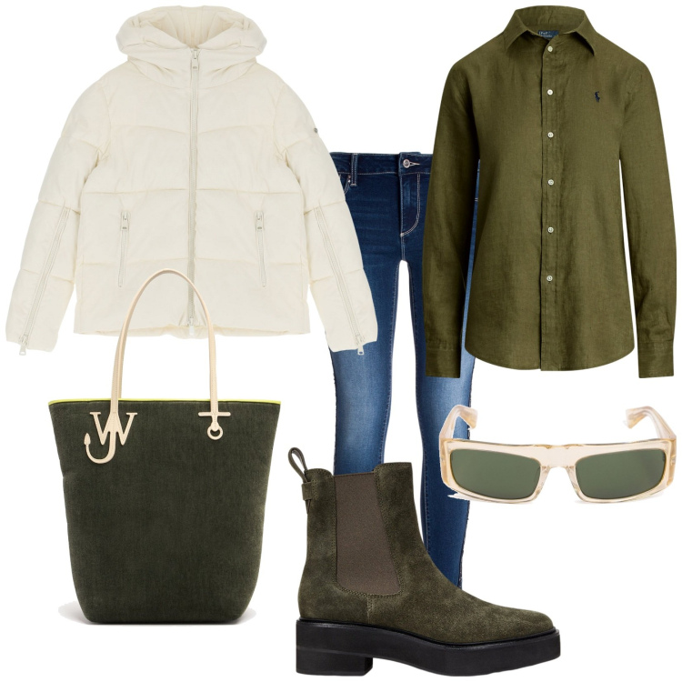 Outfit donna - Total look #2023830. Stile Trendy per Tutti i giorni. Abbinamento con piumini, jeans skinny, camicie, stivaletti chelsea, shopping bag, occhiali da sole.