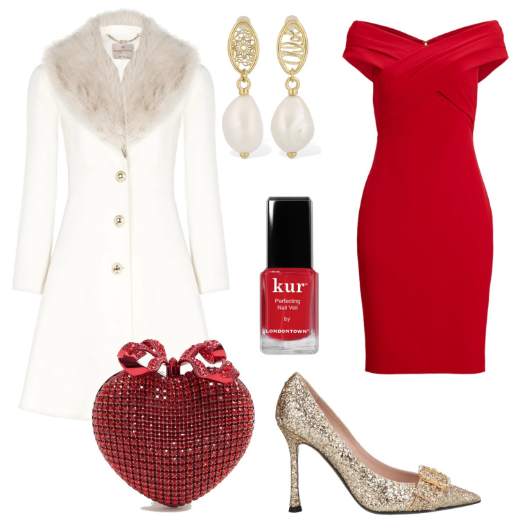 Outfit donna - Io...a Natale. Stile Glamour per Serata fuori. Abbinamento con décolleté, smalti, cappotti, vestiti, orecchini, pochette.