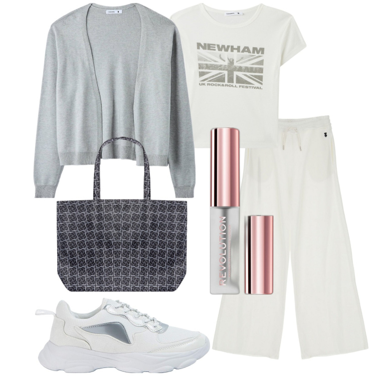 Outfit donna - I joggers. Stile Urban per Tutti i giorni. Abbinamento con mascara, sneakers, cardigans, t-shirt, pantaloni a palazzo, shopping bag.
