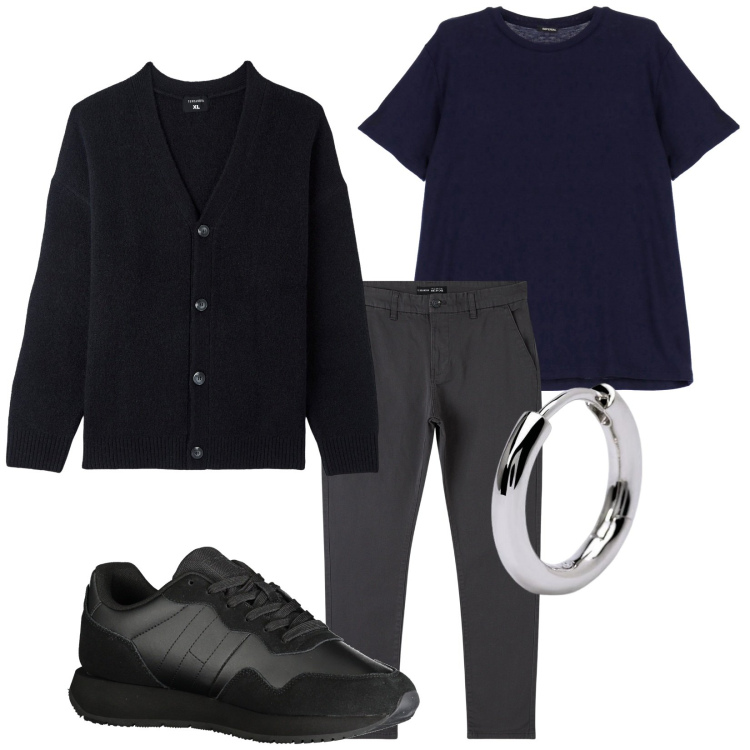 Outfit uomo - Total look #2023862. Stile Casual per Tutti i giorni. Abbinamento con pantaloni chino, cardigans, orecchini, t-shirt, sneakers.