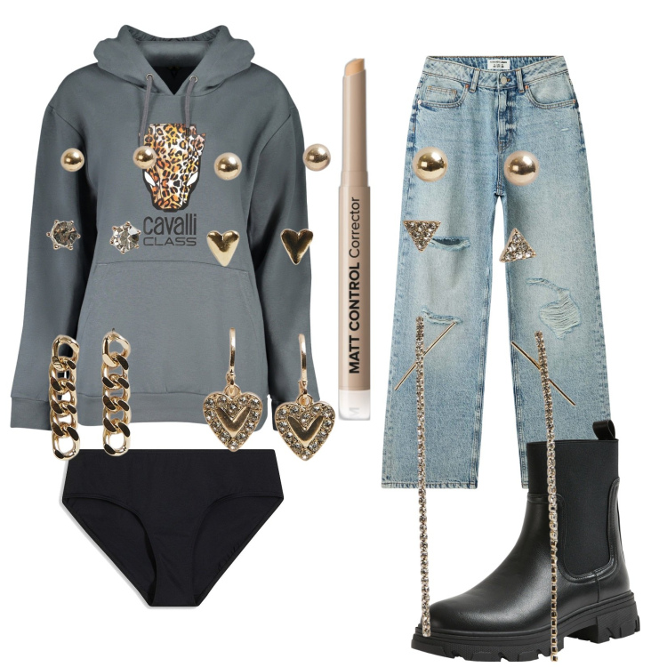 Outfit donna - Total look #2023866. Stile Casual per Tutti i giorni. Abbinamento con culotte, correttori, jeans strappati, stivaletti chelsea, orecchini, felpe con cappuccio.