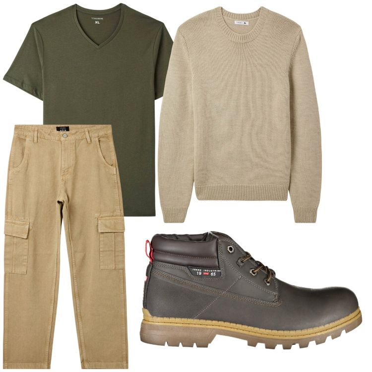 Outfit uomo - Total look #2023867. Stile Urban per Tutti i giorni. Abbinamento con maglieria, t-shirt, pantaloni cargo, stivali.