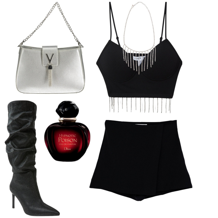 Outfit donna - Voglio vederti ballare. Stile Sexy per Serata fuori. Abbinamento con profumi, stivali, top, shorts, collane, borse a spalla.