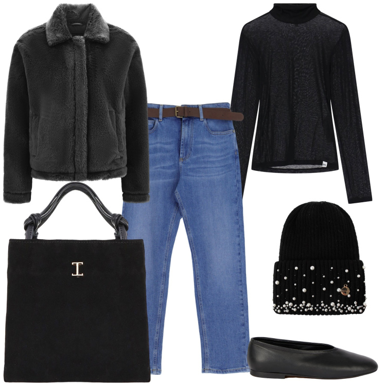 Outfit donna - Total look. Stile Casual chic per Tutti i giorni. Abbinamento con berretti, jeans dritti, maglieria, shopping bag, cappotti, ballerine.
