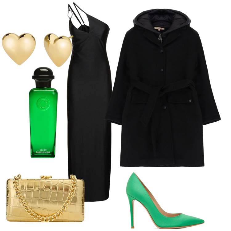 Outfit donna - Serata gold green and black. Stile Glamour per Serata fuori. Abbinamento con profumi, orecchini, cappotti, clutch, décolleté, vestiti asimmetrici.