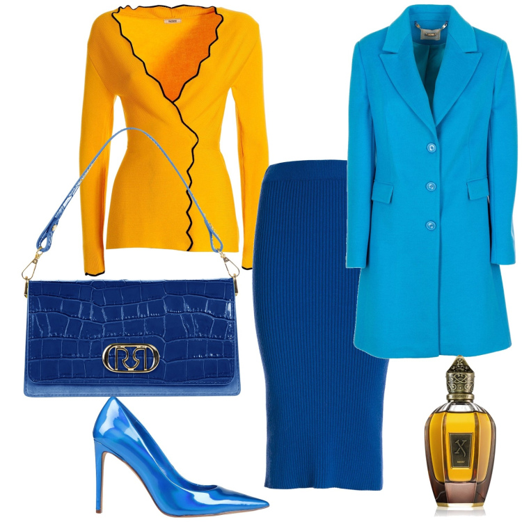 Outfit donna - In ufficio e poi sera. Stile Chic per Ufficio. Abbinamento con décolleté, profumi, borse a tracolla, cardigans, gonne longuette, cappotti.