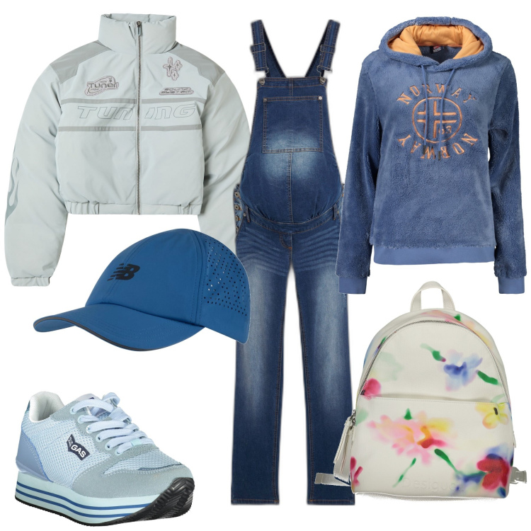 Outfit donna - Total look. Stile Casual per Tutti i giorni. Abbinamento con salopette, blazer, cappelli, felpe con cappuccio, sneakers, zaini.