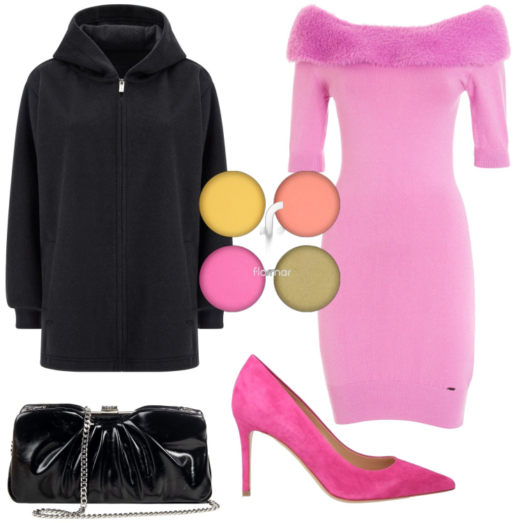 Outfit donna - Cena fuori. Stile Chic per Serata fuori. Abbinamento con décolleté, ombretti, pochette, vestiti, cappotti.