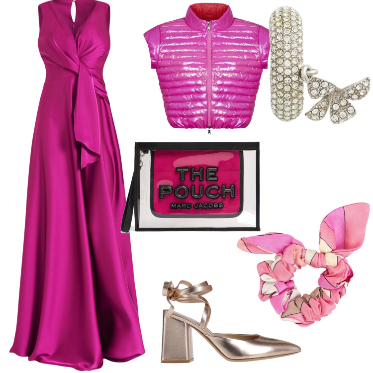 Outfit donna - La notte più lunga e festaiola. Stile Glamour per Serata fuori. Abbinamento con décolleté, vestiti lunghi, orecchini, blazer, clutch, accessori per capelli.