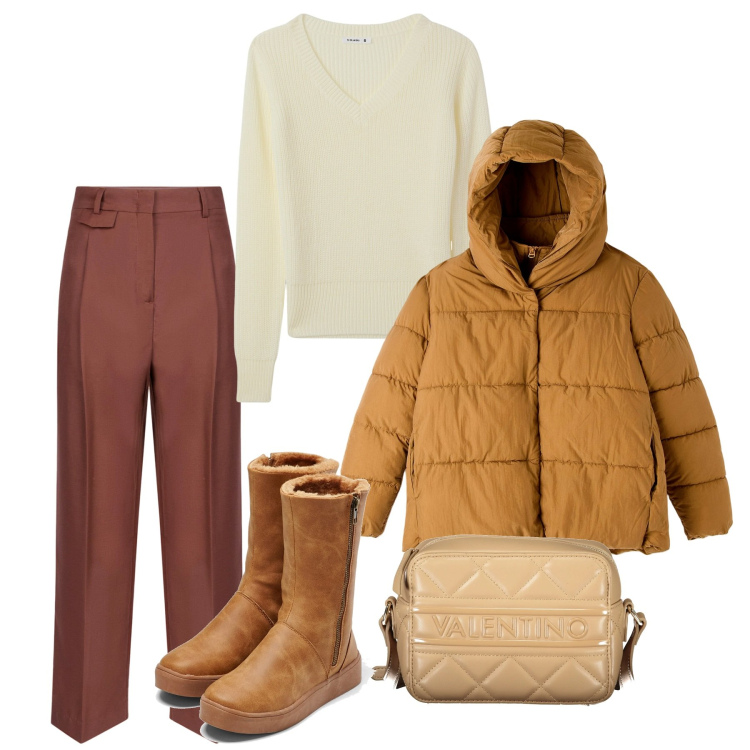 Outfit donna - Caramello. Stile Bon Ton per Ufficio. Abbinamento con stivali, piumini, maglieria, pantaloni, borse a tracolla.