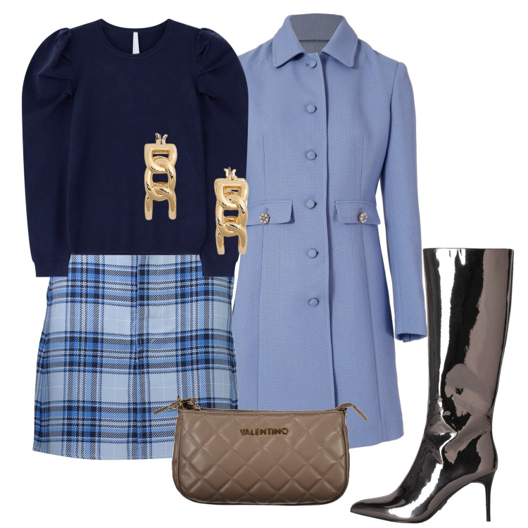 Outfit donna - Cielo pulito. Stile Bon Ton per Tutti i giorni. Abbinamento con stivali, maglieria, trench, orecchini, minigonne, borse a spalla.