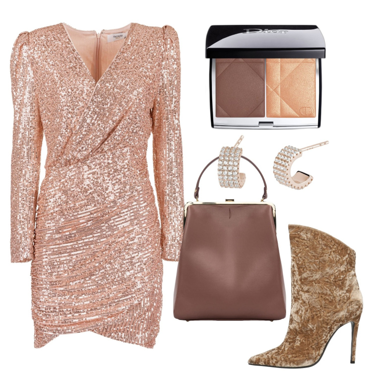 Outfit donna - Soirèe. Stile Glamour per Serata fuori. Abbinamento con stivaletti, blush, orecchini, vestiti corti, borse a spalla.