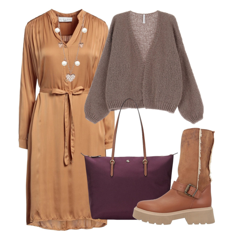 Outfit donna - Cena fra amici. Stile Chic per Serata fuori. Abbinamento con vestiti midi/longuette, stivali, collane, cardigans, borse tote.