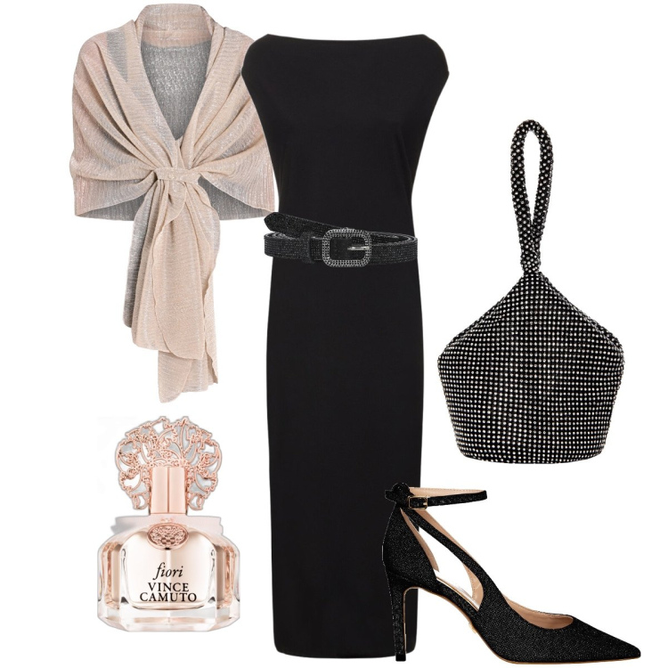 Outfit donna - La mantella elegante. Stile Chic per Serata fuori. Abbinamento con profumi, cinture, stole, pochette, décolleté, vestiti midi/longuette.