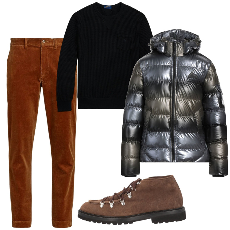Outfit uomo - Iridescenze. Stile Trendy per Serata speciale. Abbinamento con stivali e stivaletti, piumini, pantaloni, maglieria.