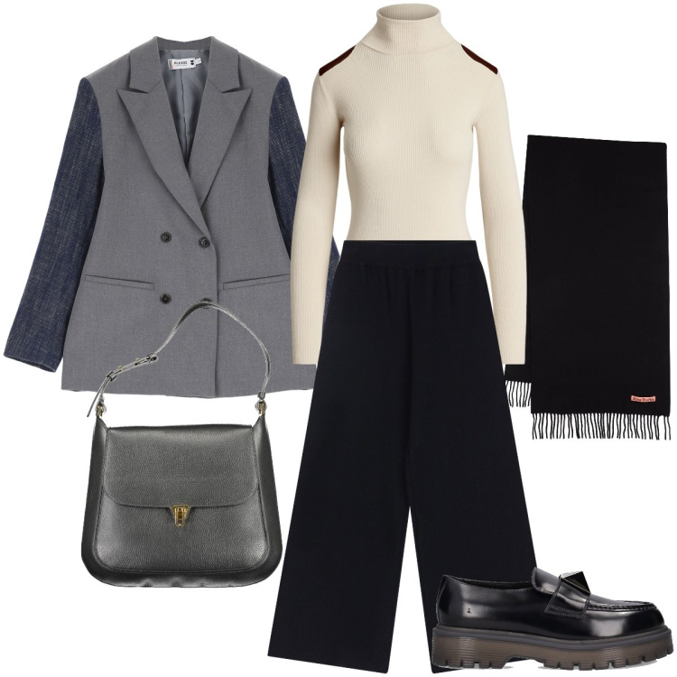 Outfit donna - Le maniche a contrasto. Stile Trendy per Ufficio. Abbinamento con blazer, pantaloni, maglieria, borse a spalla, sciarpe, mocassini.