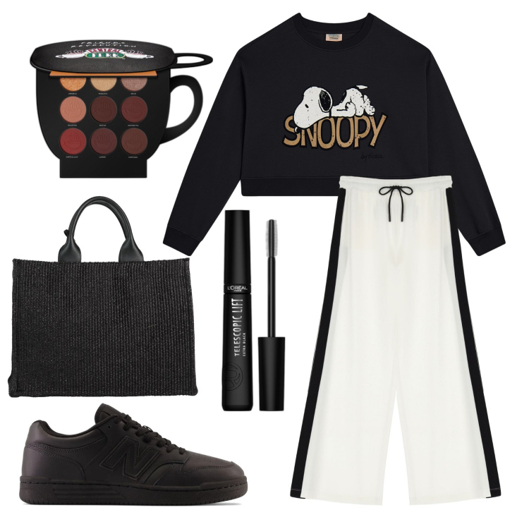 Outfit donna - Sporty chic di mattina. Stile Sporty chic per Tutti i giorni. Abbinamento con borse a mano, mascara, blush, sneakers, pantaloni, felpe.
