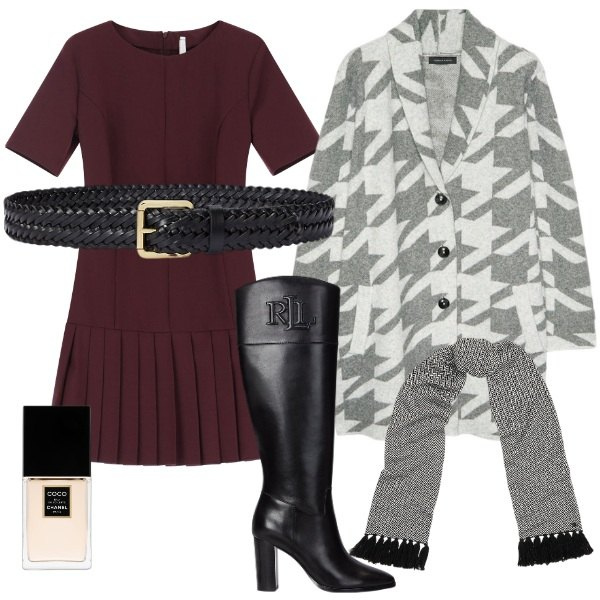 Outfit donna - Total look #2023958. Stile Bon Ton per Ufficio. Abbinamento con profumi, vestiti corti, cinture, stivali, sciarpe, cardigans.