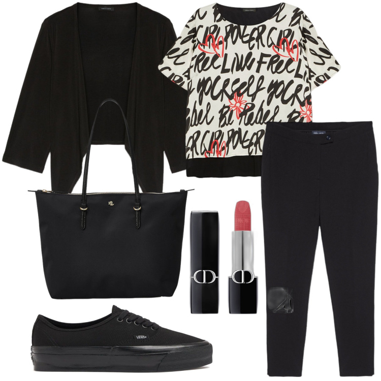 Outfit donna - Blusa con le scritte. Stile Casual per Tutti i giorni. Abbinamento con rossetti, borse tote, bluse, pantaloni, top, sneakers.