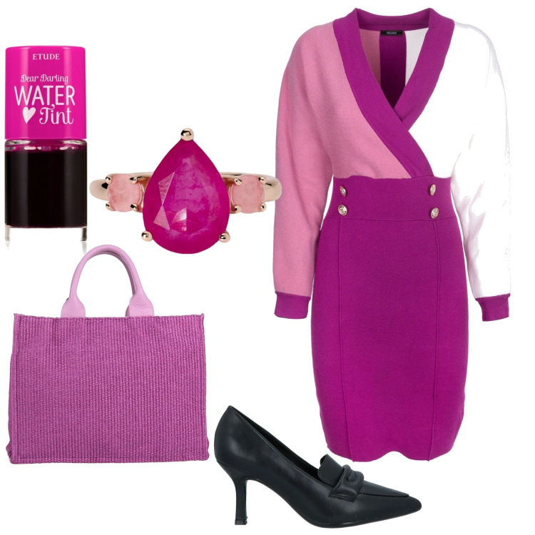 Outfit donna - Trendy in fucsia. Stile Trendy per Ufficio. Abbinamento con borse a mano, mocassini, rossetti, anelli, vestiti.