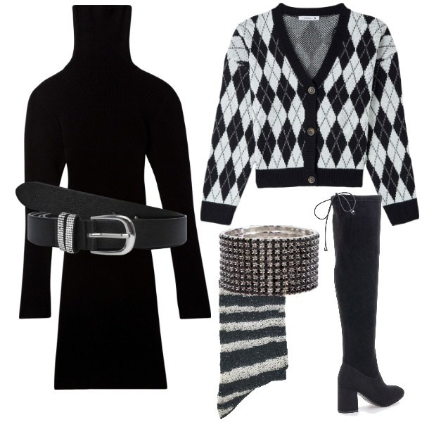 Outfit donna - Layering sofisticato. Stile Basic per Ufficio. Abbinamento con vestiti corti, cardigans, cinture, braccialetti, sciarpe, stivali.
