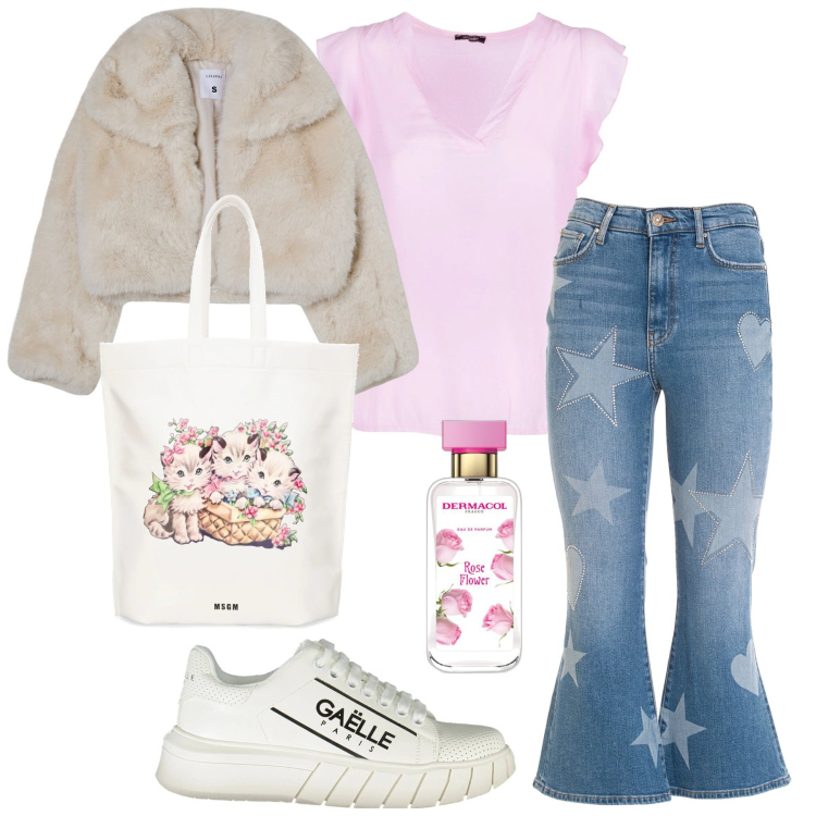 Outfit donna - Teen seventiees. Stile 70s per Tutti i giorni. Abbinamento con profumi, blazer, jeans, bluse, sneakers, shopping bag.