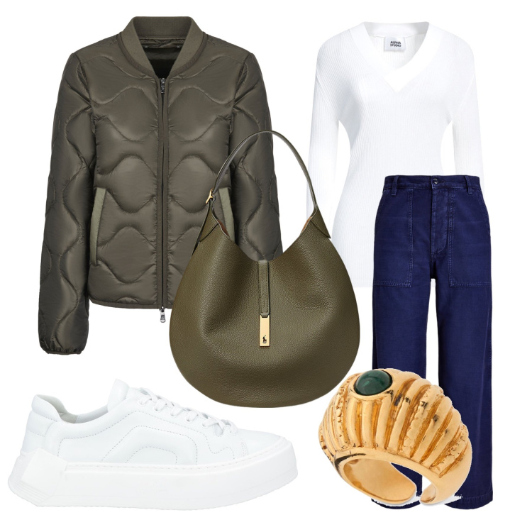 Outfit donna - Verde oliva. Stile Casual chic per Tutti i giorni. Abbinamento con pullovers, sneakers, pantaloni, borse a spalla, blazer, anelli.