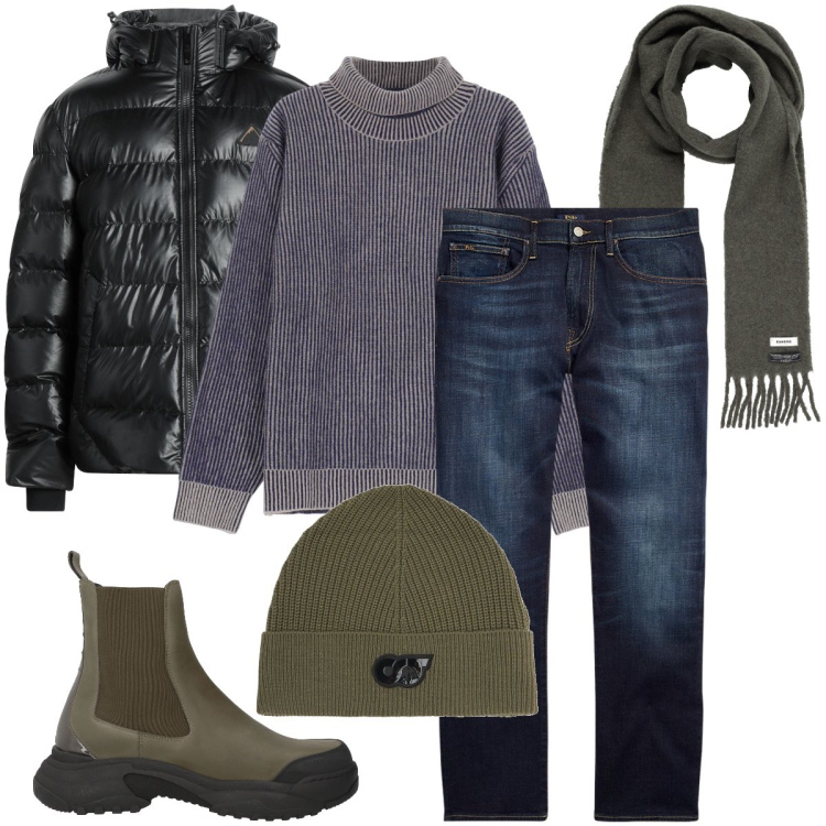 Outfit uomo - Il maxi piumino. Stile Urban per Ufficio. Abbinamento con piumini, sciarpe, stivali e stivaletti, maglieria, jeans dritti, berretti.